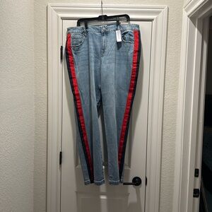 Bold Red and Blue Straight Leg Jeans with Sporty Stripe
